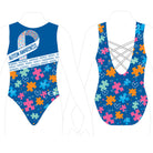Blue tank top with autism awareness pattern on a white background