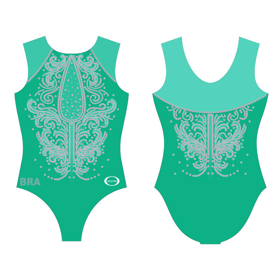 Ozone factory gymnastics competition leotard teal black foil rhinestone swirl -youth YL